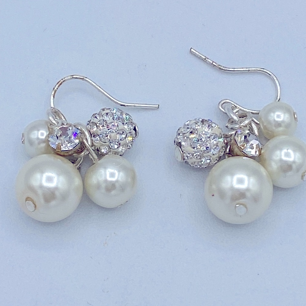 Dainty Pearl And Rhinestone Silver Dangle Earrings 1" Long
